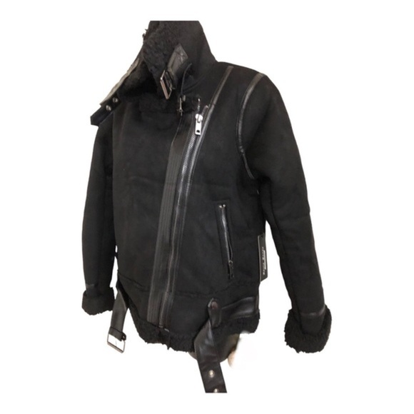 Black moto bomber‎ buckled faux shearling leather coat jacket size large new - Picture 8 of 16